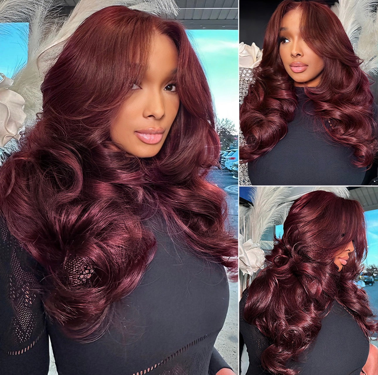 6 x 6 Burgundy Color Face-Framing Layered Cut Body Wave HD Virgin Wig | 200 % Density